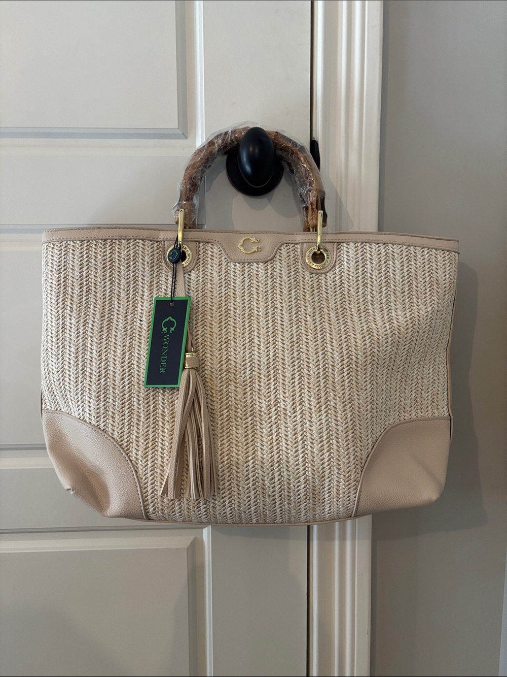 C. Wonder Beige Woven Tote with Tassel